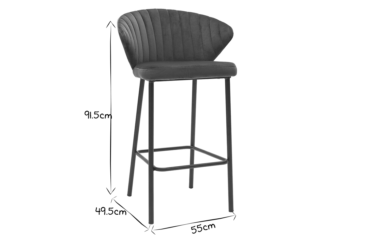Tabouret de bar design en tissu velours gaufr� bleu p�trole et m�tal noir H68 cm DALLY