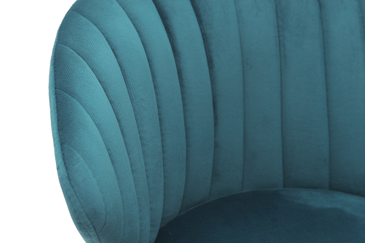 Tabouret de bar design en tissu velours gaufr� bleu p�trole et m�tal noir H68 cm DALLY