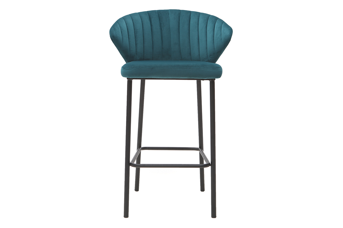 Tabouret de bar design en tissu velours gaufr� bleu p�trole et m�tal noir H68 cm DALLY