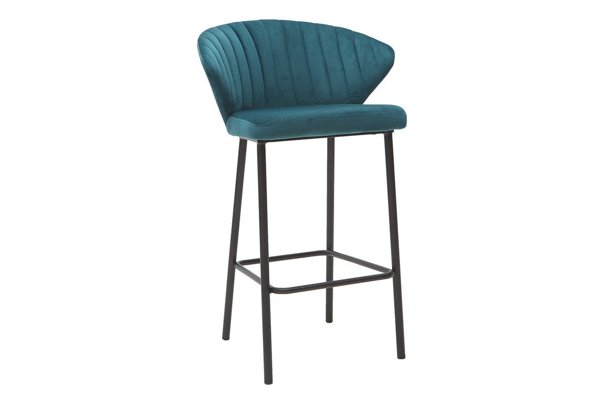 Tabouret de bar design en tissu velours gaufr� bleu p�trole et m�tal noir H68 cm DALLY
