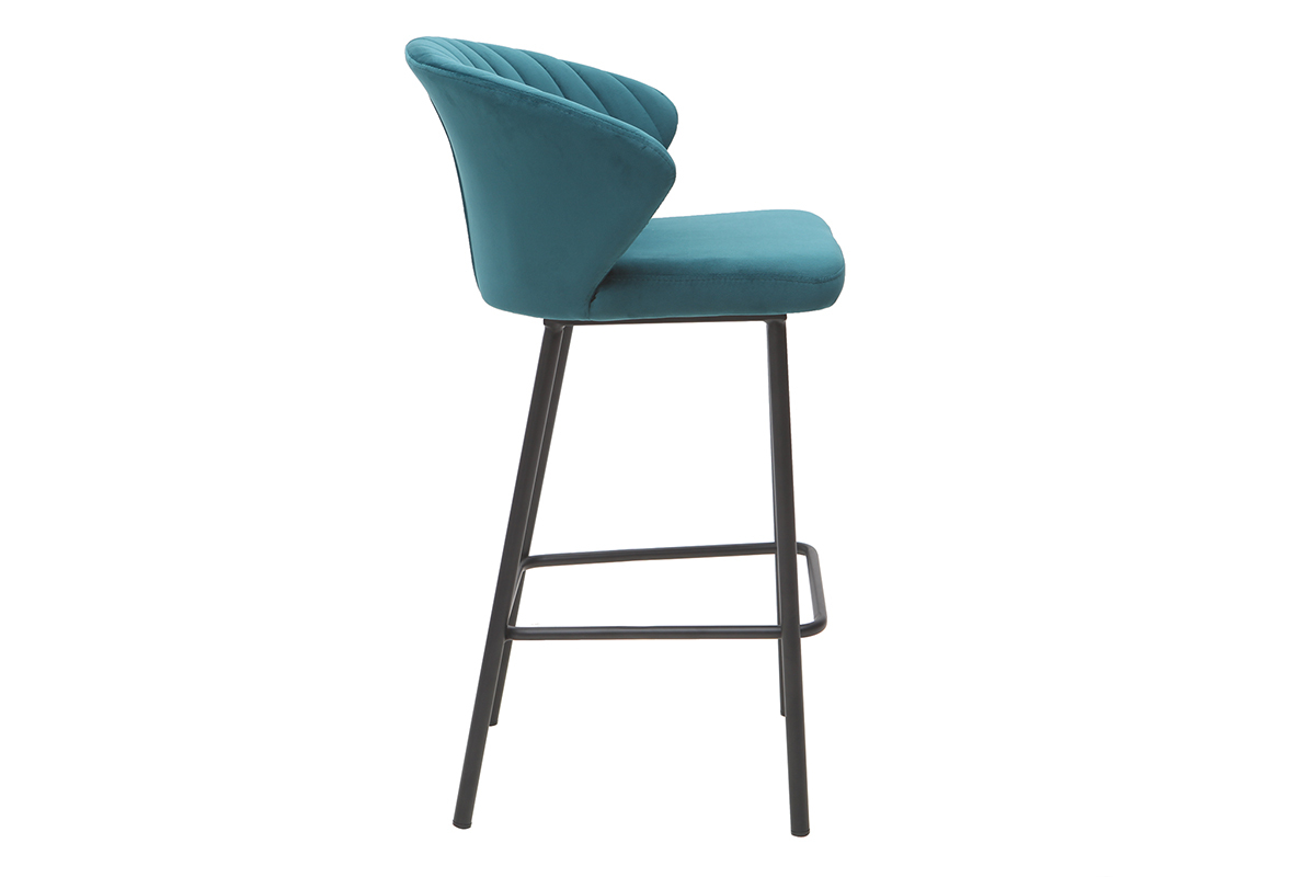 Tabouret de bar design en tissu velours gaufr� bleu p�trole et m�tal noir H68 cm DALLY