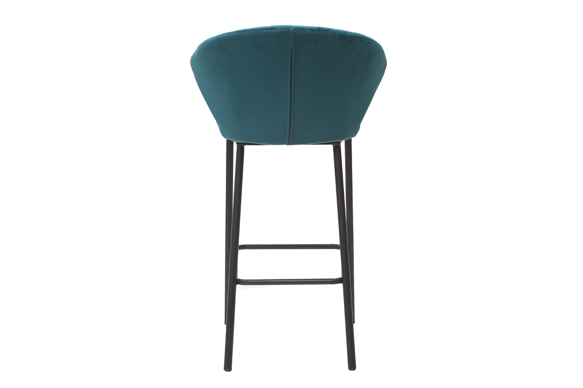 Tabouret de bar design en tissu velours gaufr� bleu p�trole et m�tal noir H68 cm DALLY