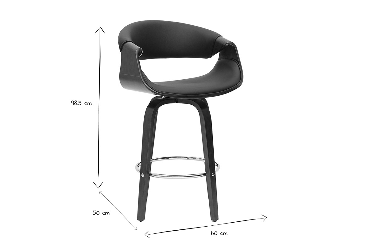 Tabouret de bar design noir et bois fonc 65 cm pivotant 360 ARAMIS