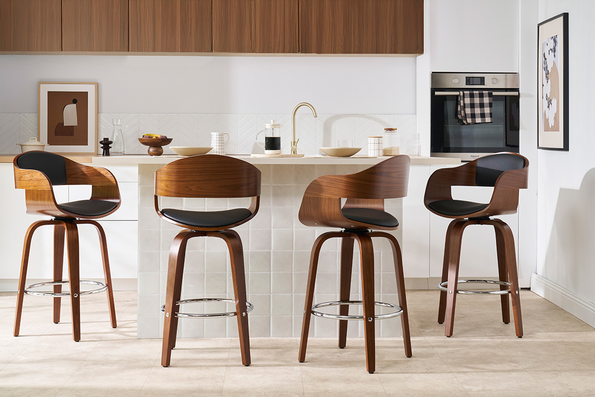 Tabouret de bar design noir et bois fonc noyer H65 cm pivotant 360 GAO