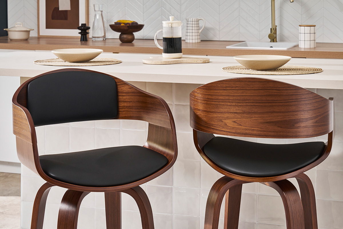 Tabouret de bar design noir et bois fonc� noyer H65 cm pivotant 360� GAO