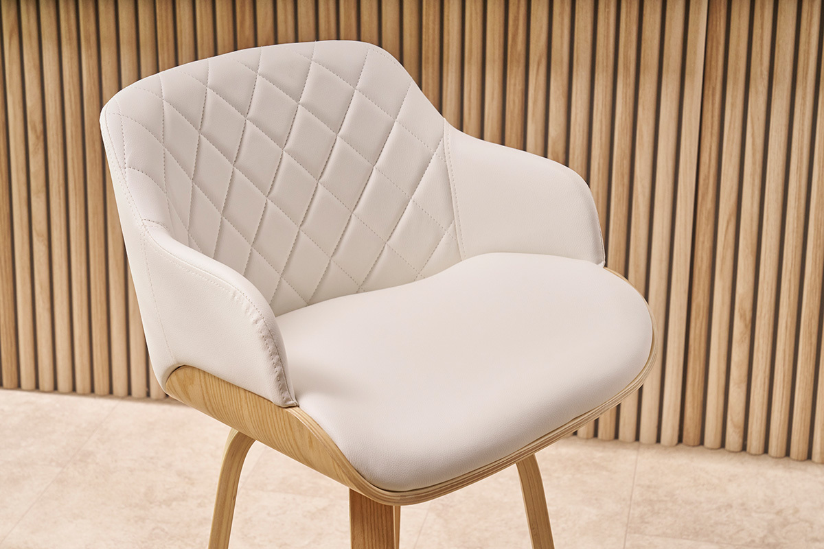 Tabouret de bar design pivotant 360 blanc et bois clair H65 cm LUCIEN