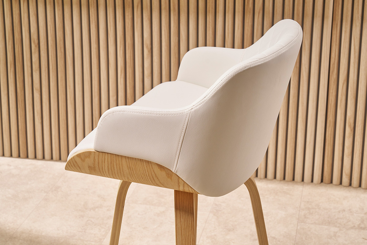 Tabouret de bar design pivotant 360 blanc et bois clair H65 cm LUCIEN