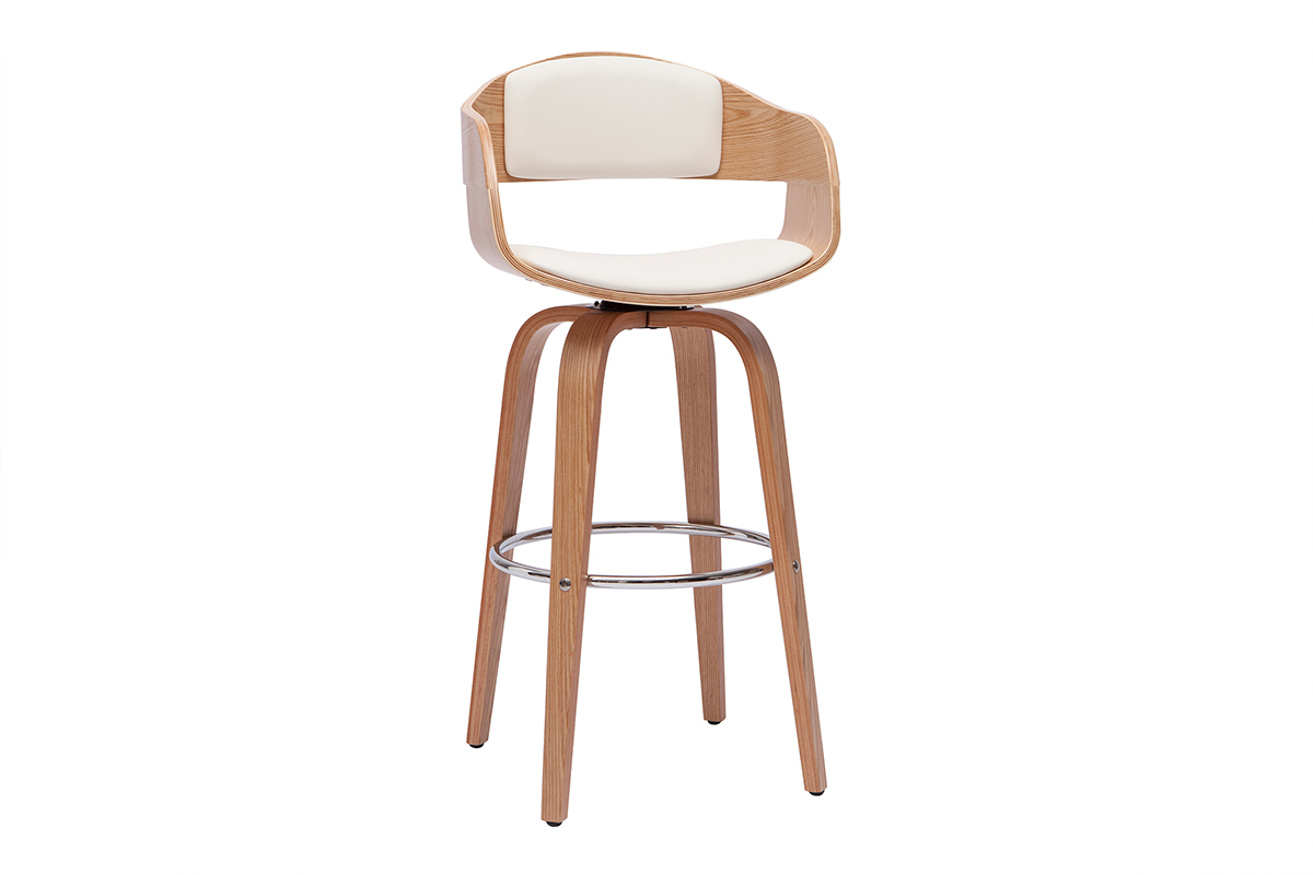 Tabouret de bar pivotant blanc et bois clair, avec repose-pieds chrom�, vue 3/4.