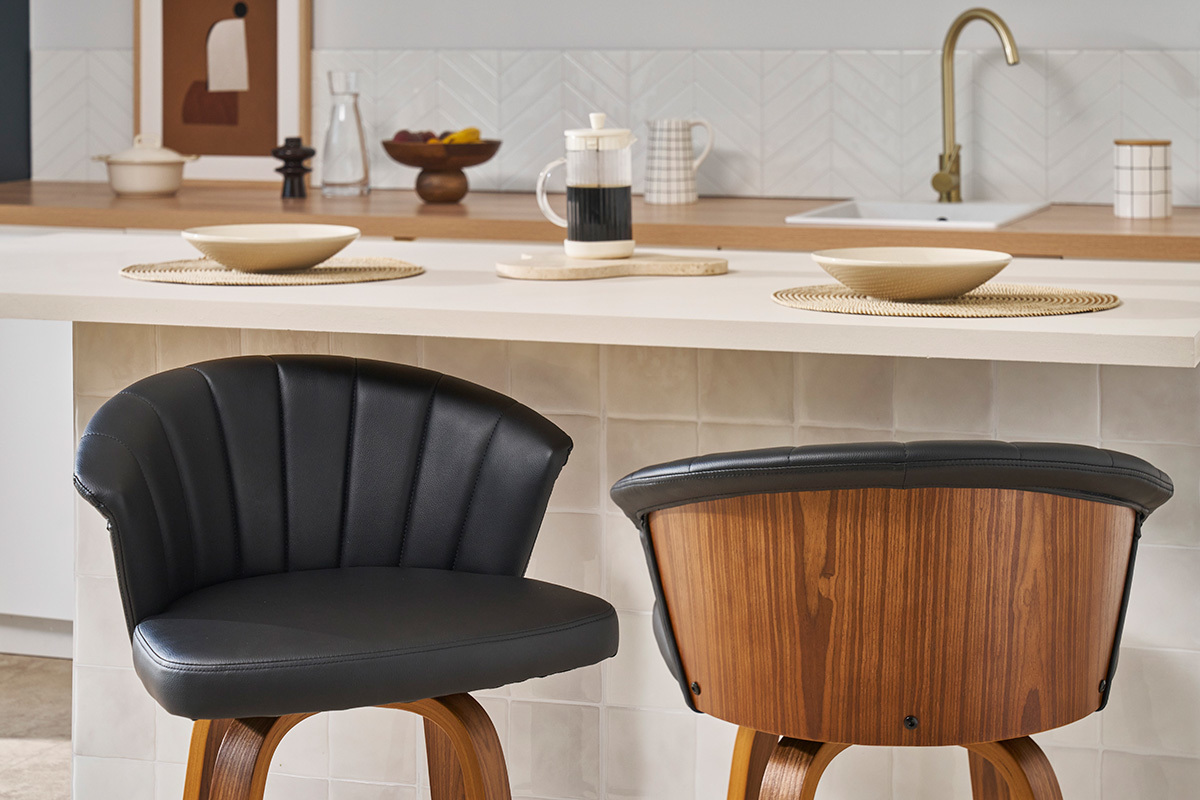 Tabouret de bar design pivotant noir et bois fonc H65cm ALBIN