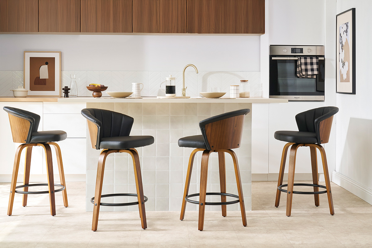 Tabouret de bar design pivotant noir et bois fonc H65cm ALBIN