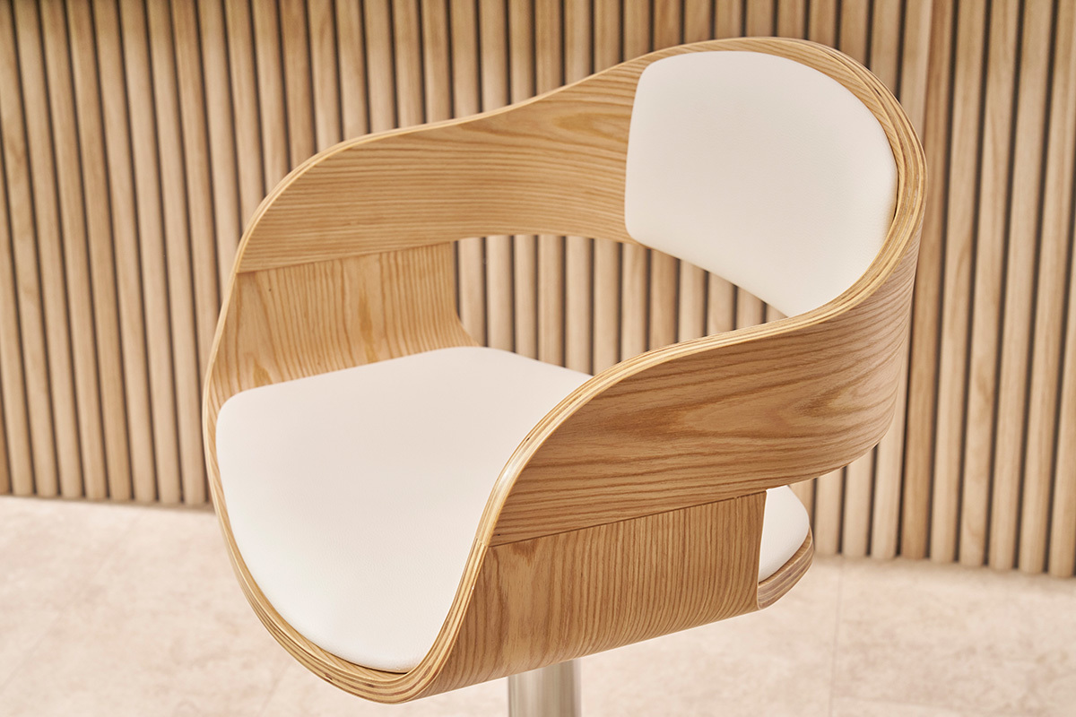 Tabouret de bar design rglable blanc et bois clair EUSTACHE