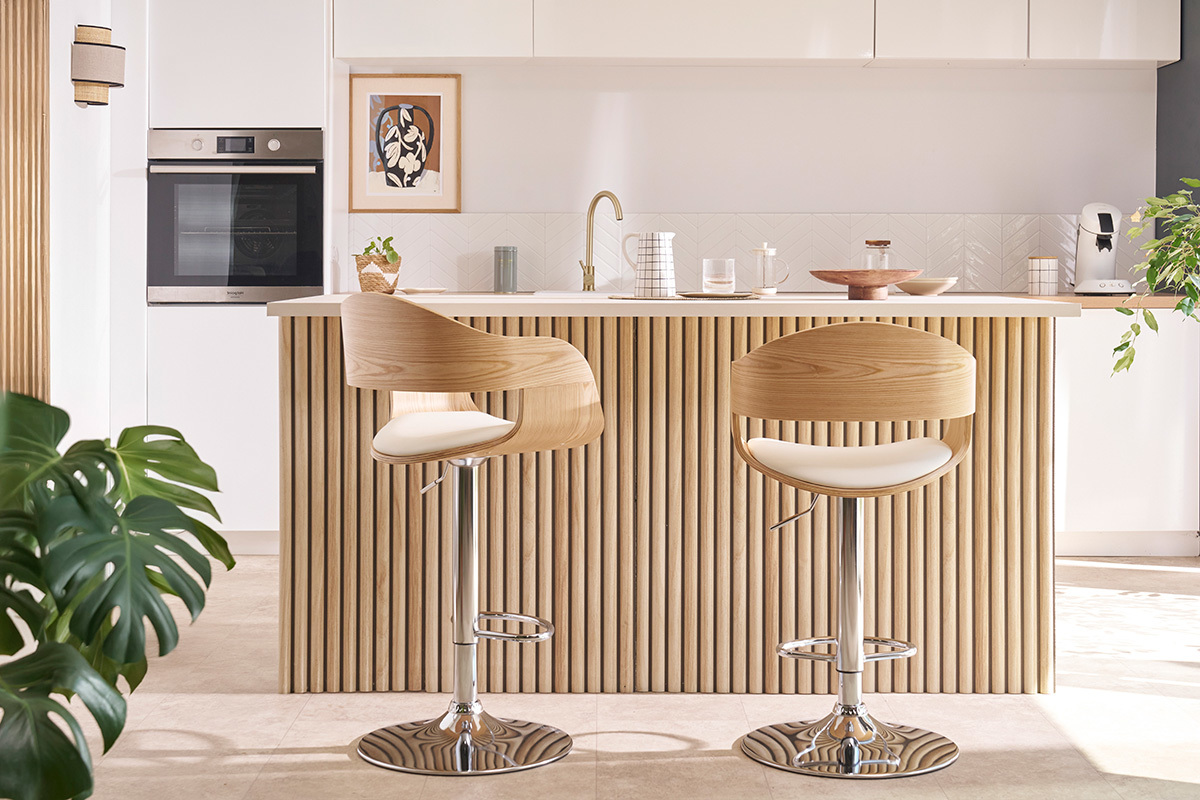 Tabouret de bar design rglable blanc et bois clair EUSTACHE