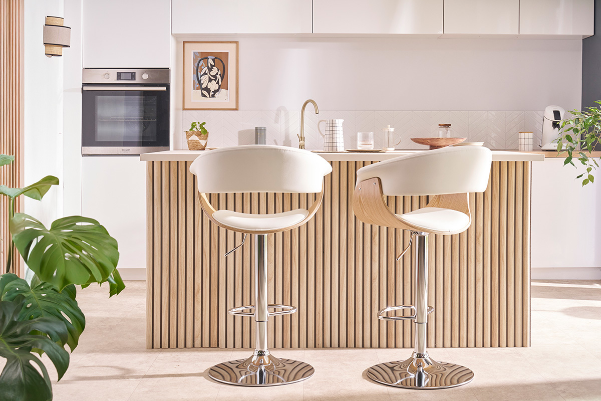 Tabouret de bar design rglable blanc et bois clair OKTAV