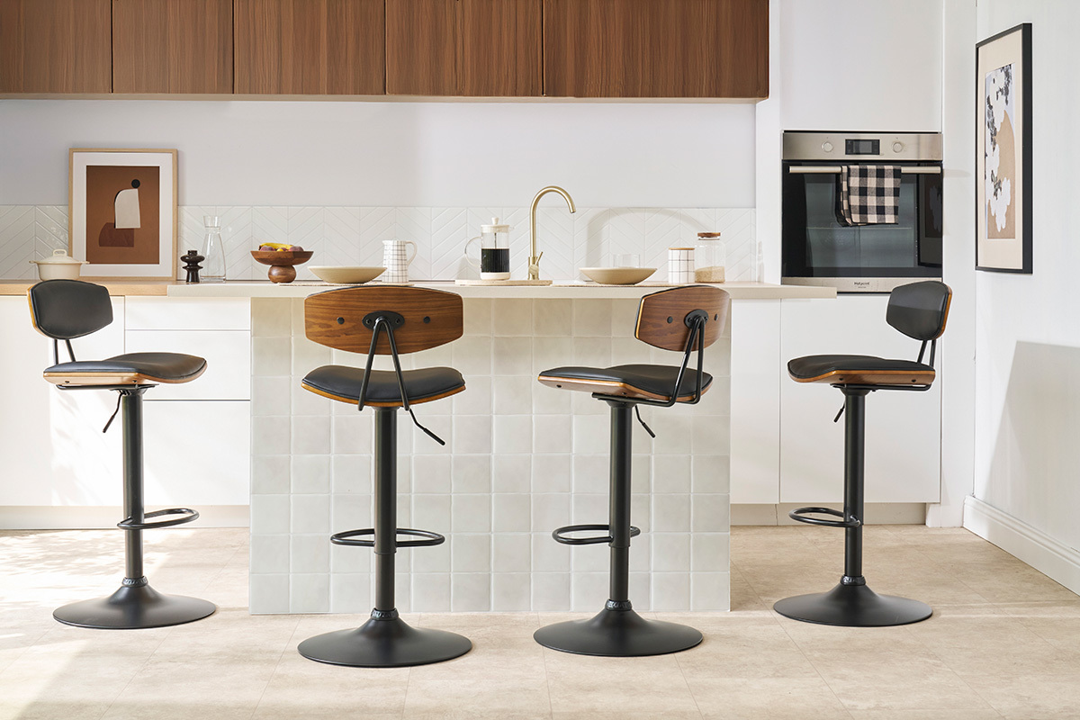 Tabouret de bar design rglable blanc et bois clair VASCO