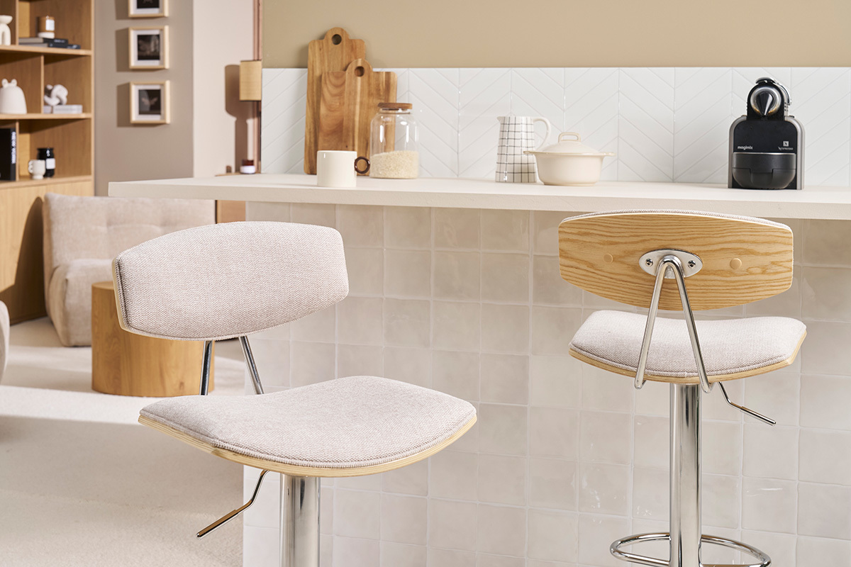Tabouret de bar design rglable en tissu effet velours textur beige et mtal VASCO