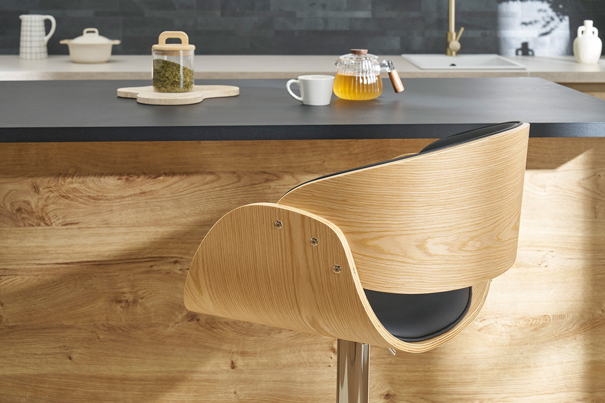 Tabouret de bar design rglable noir et bois clair BENT