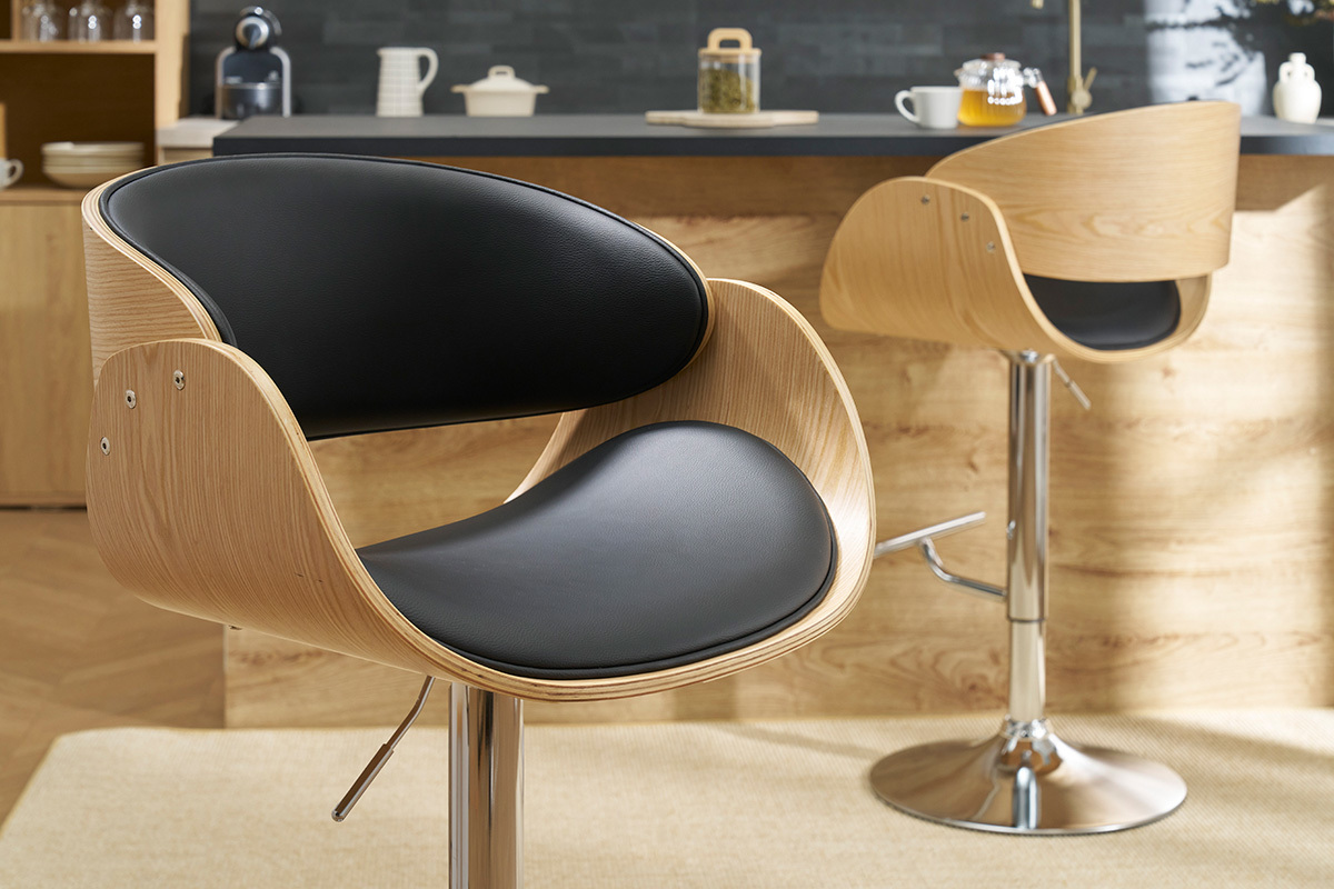 Tabouret de bar design rglable noir et bois clair BENT