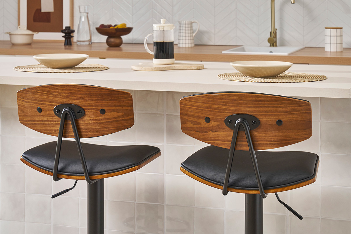 Tabouret de bar design rglable noir et bois fonc VASCO