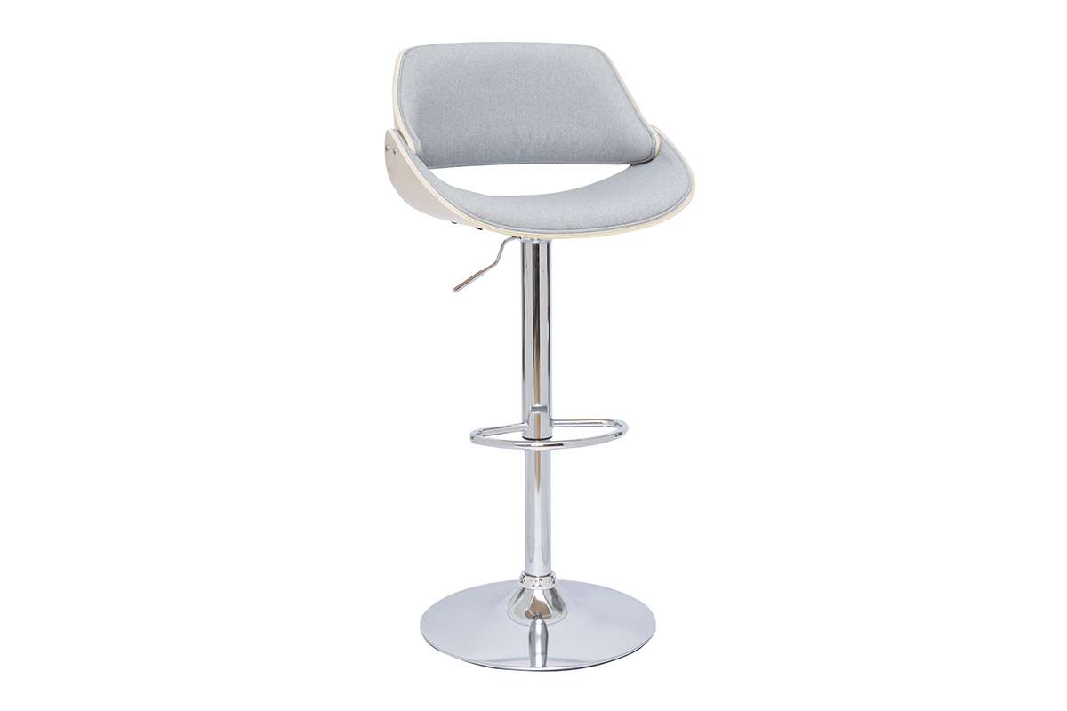 Tabouret de bar design r�glable pivotant 360� en tissu gris et bois clair CLASH