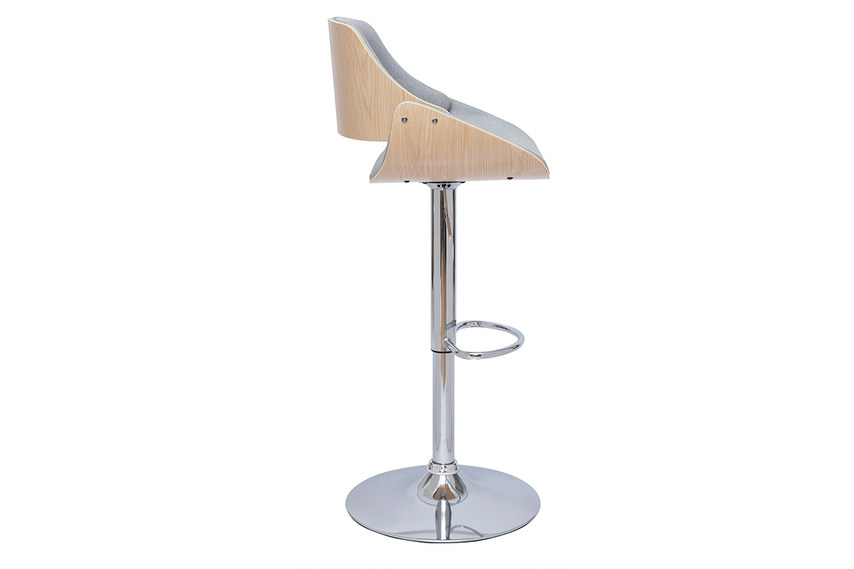 Tabouret de bar design r�glable pivotant 360� en tissu gris et bois clair CLASH