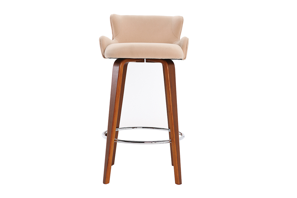 Tabouret de bar design tissu beige pieds noyer BJORG