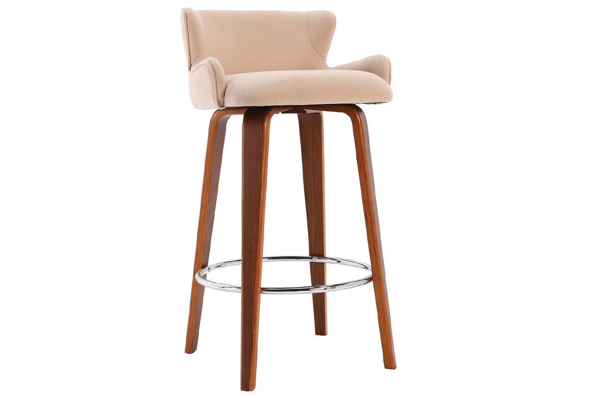 Tabouret de bar design tissu beige pieds noyer BJORG