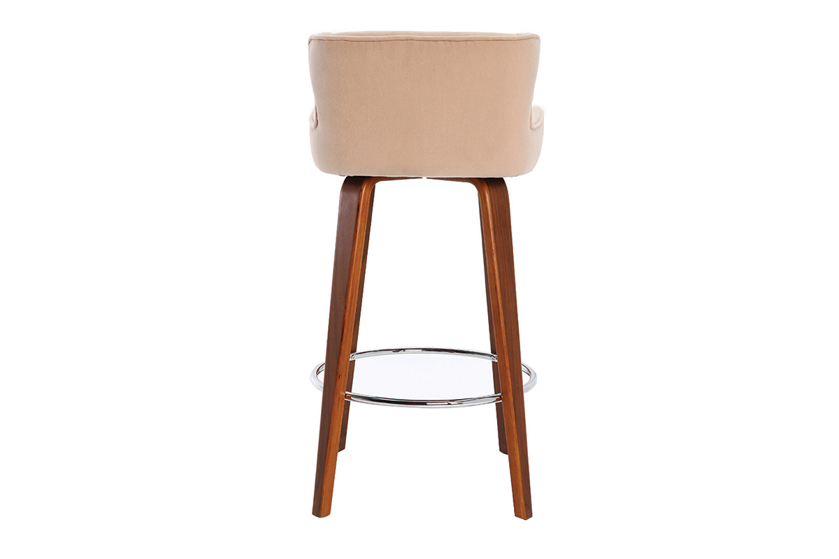 Tabouret de bar design tissu beige pieds noyer BJORG