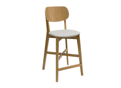 Tabouret de bar en bois clair chêne massif et tissu beige H65 cm LUCIA