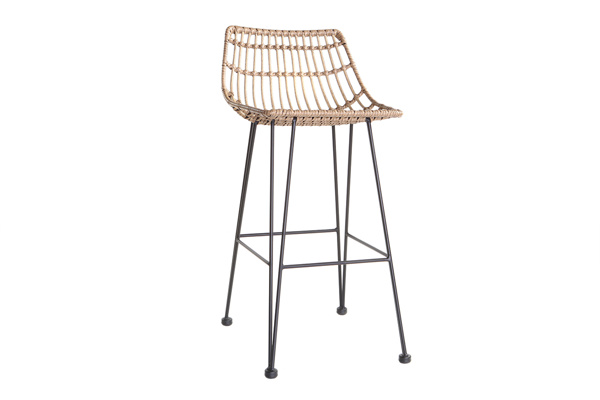 Tabouret de bar en fils de rsine faon rotin et mtal noir intrieur - extrieur H69 cm MAJA