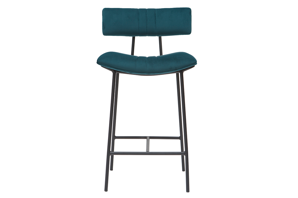 Tabouret de bar en velours bleu p�trole et m�tal H65 cm GOTHAM