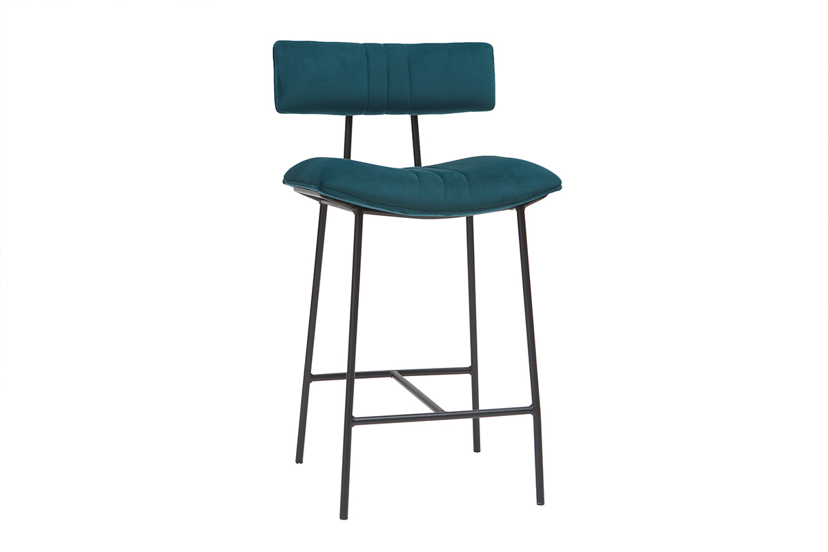 Tabouret de bar en velours bleu p�trole et m�tal H65 cm GOTHAM