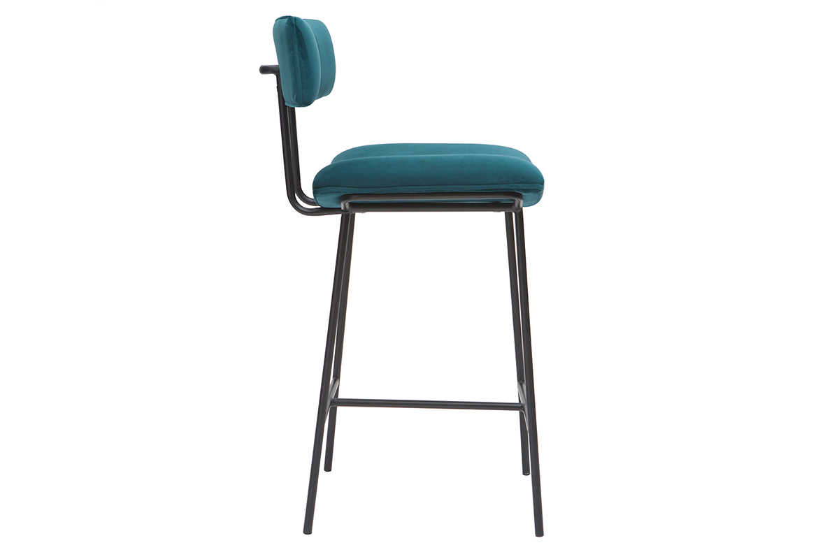 Tabouret de bar en velours bleu p�trole et m�tal H65 cm GOTHAM
