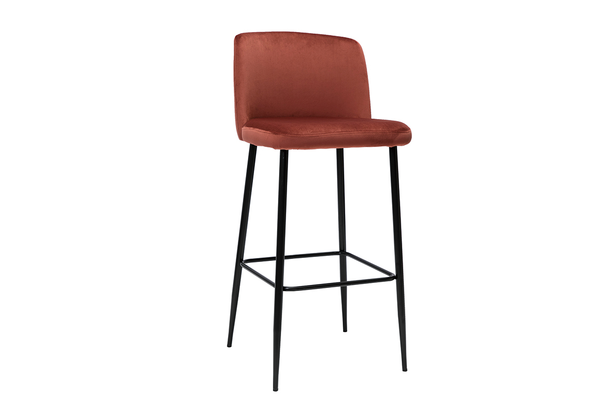 Tabouret de bar fixe velours rouge tomette et pied m�tal noir H78 cm MONTI
