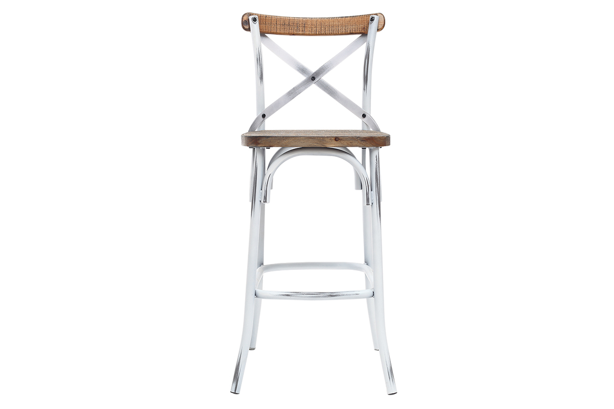 Tabouret de bar industriel en bois et m�tal vieilli blanc 75 cm JAKE