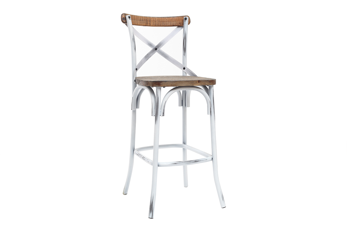 Tabouret de bar industriel en bois et m�tal vieilli blanc 75 cm JAKE