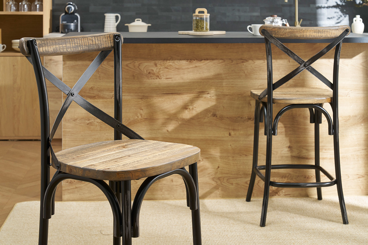 Tabouret de bar industriel en bois et mtal vieilli noir 65 cm JAKE