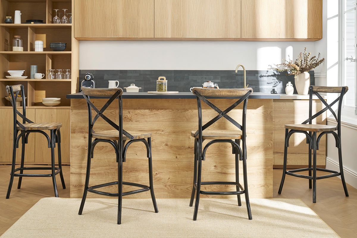 Tabouret de bar industriel en bois et mtal vieilli noir 65 cm JAKE