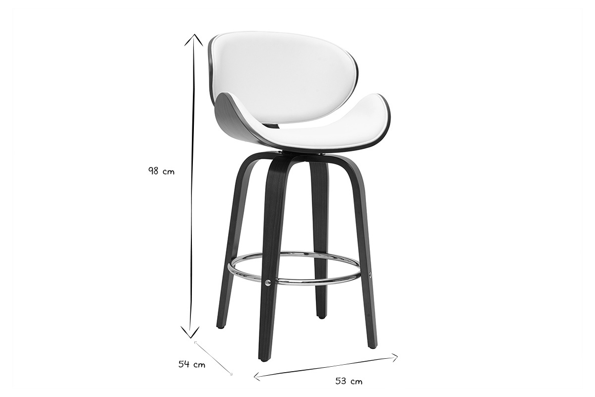 Tabouret de bar pivotant blanc et bois fonc 65 cm WALNUT avec dimensions visibles
