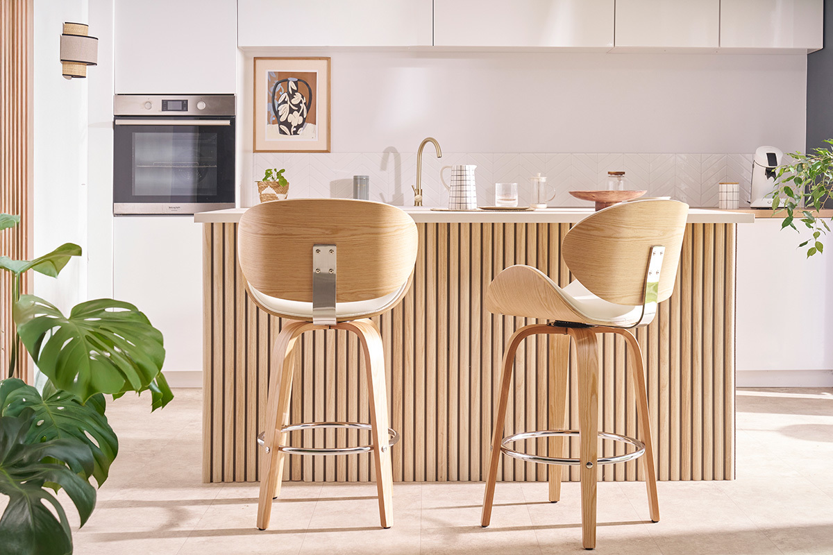 Tabouret de bar pivotant noir et bois clair 65 cm WALNUT