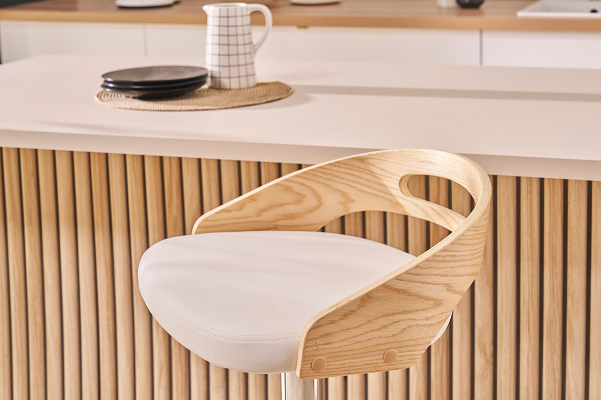 Tabouret de bar rglable design blanc et bois clair MANO