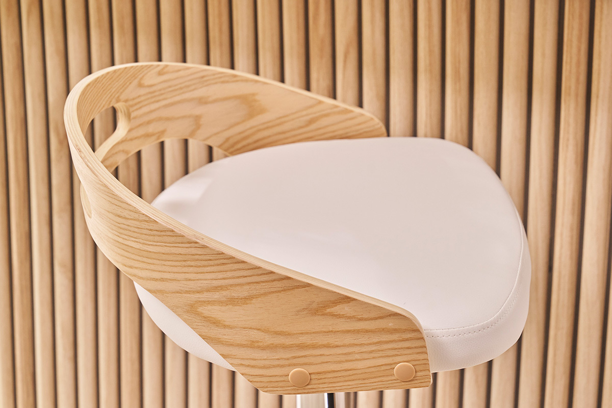 Tabouret de bar rglable design blanc et bois clair MANO