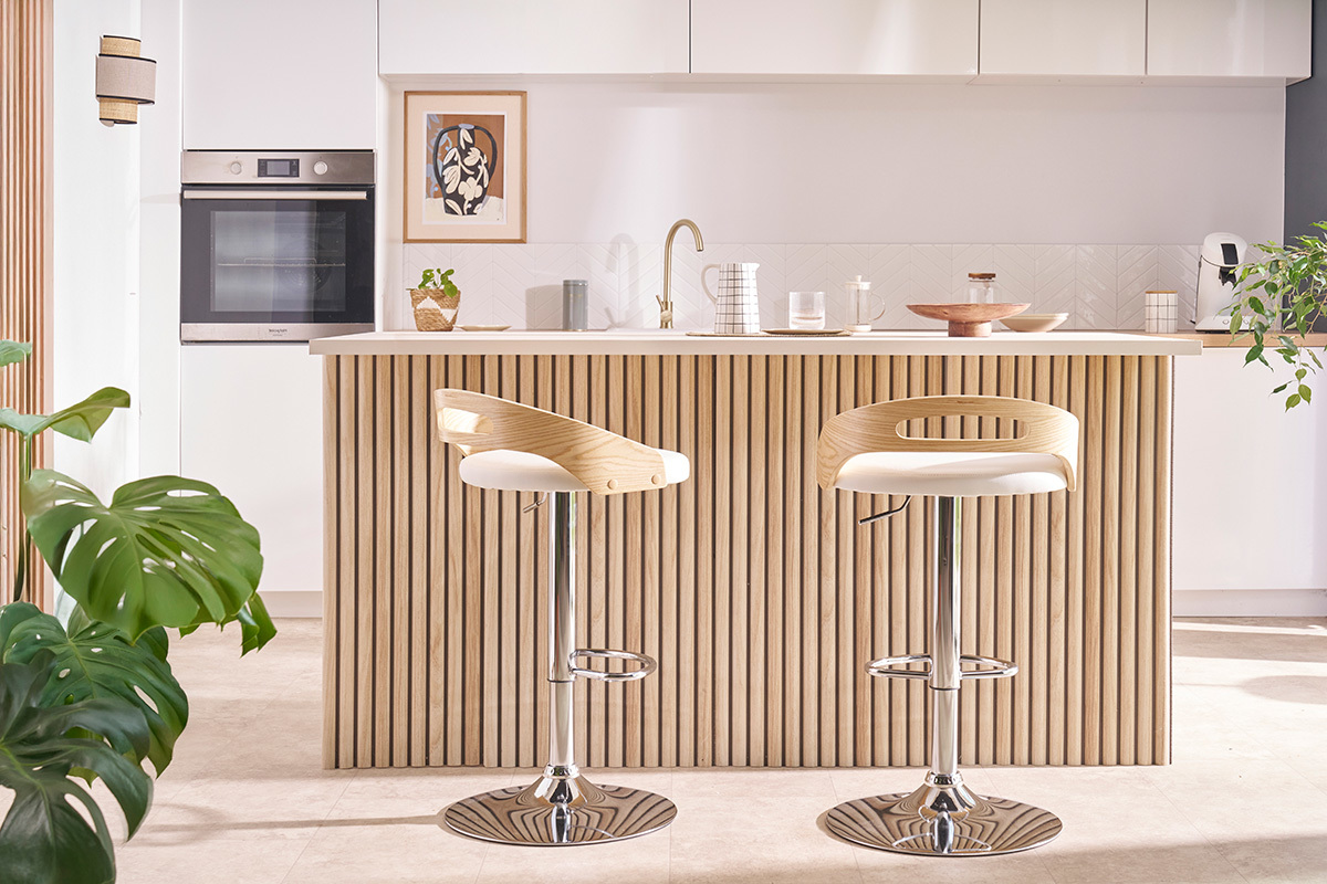 Tabouret de bar rglable design blanc et bois clair MANO