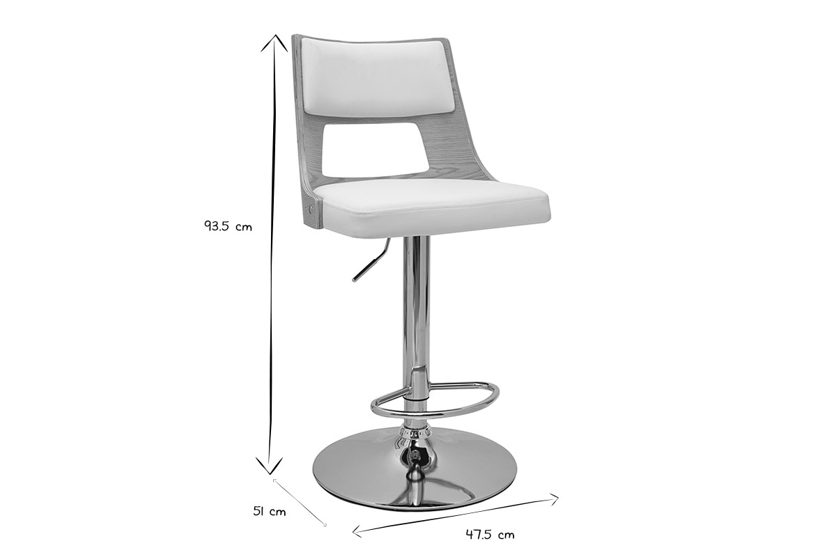 Dimensions du tabouret de bar GARBO en noir et blanc : H93,5 cm, P51 cm, L47,5 cm.