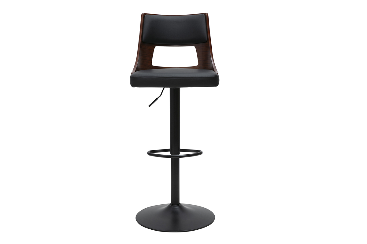 Tabouret de bar noir et bois fonc avec assise pivotante et base ronde, vue de face.