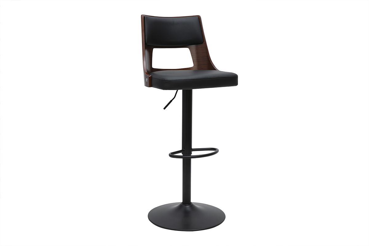 Tabouret de bar noir et bois fonc avec dossier incurv, base ronde, et repose-pieds.