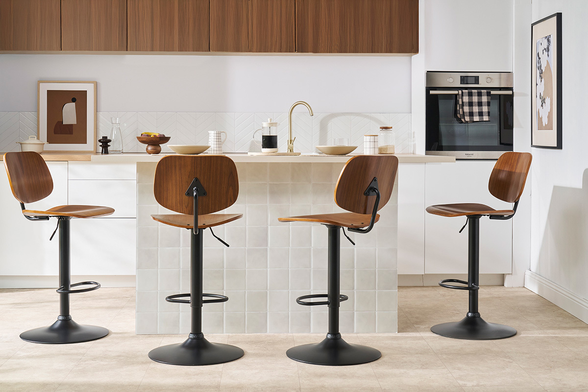 Tabouret de bar relevable noyer et mtal noir TOBIAS