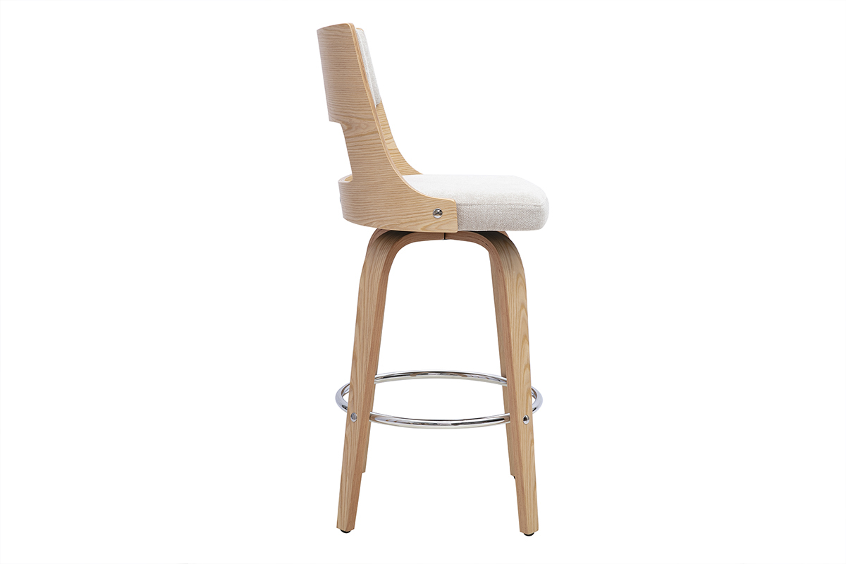 Tabouret de bar scandinave beige, vue de profil, avec pi�tement en bois clair et coussin en tissu effet velours.