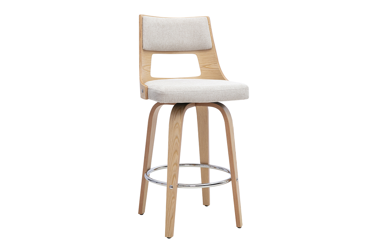Tabouret de bar scandinave pivotant en tissu beige et bois clair, vue de 3/4.
