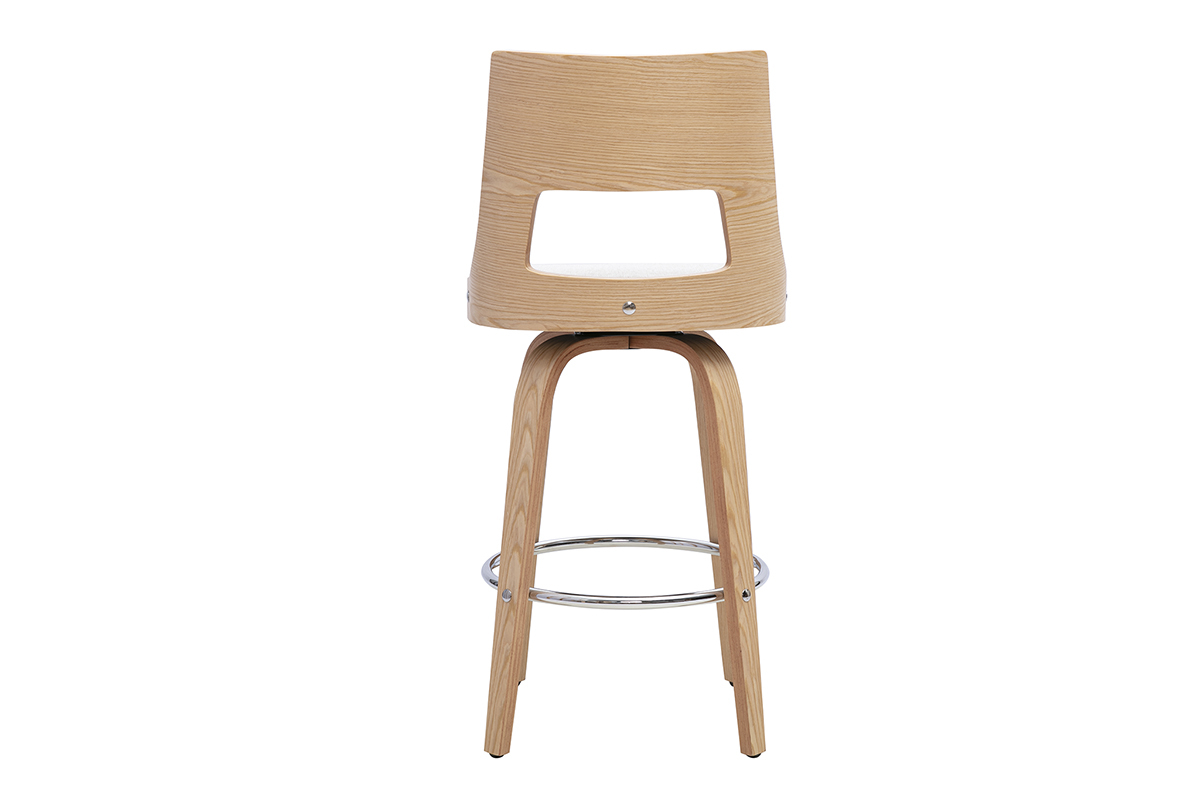Tabouret de bar scandinave pivotant, vue de dos, en tissu beige et bois clair.