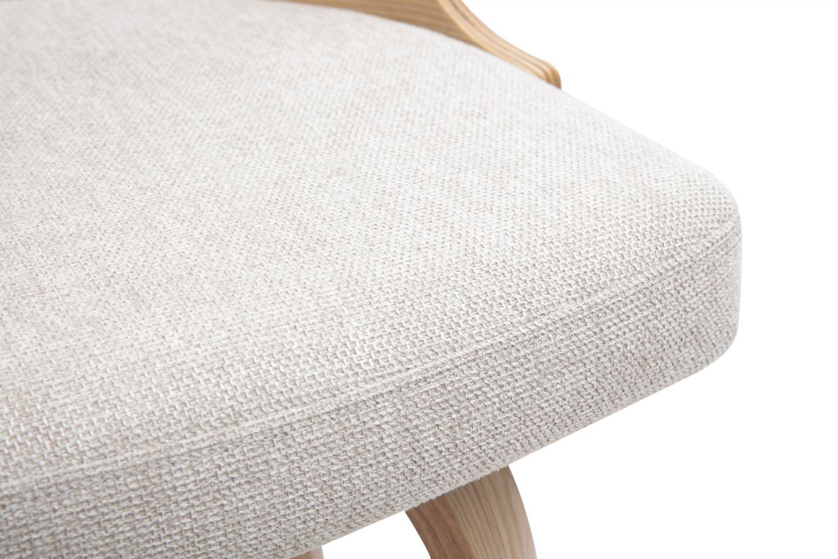 D�tail du tabouret de bar scandinave GARBO en tissu beige et structure en bois clair.